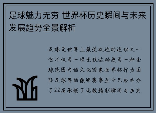 足球魅力无穷 世界杯历史瞬间与未来发展趋势全景解析